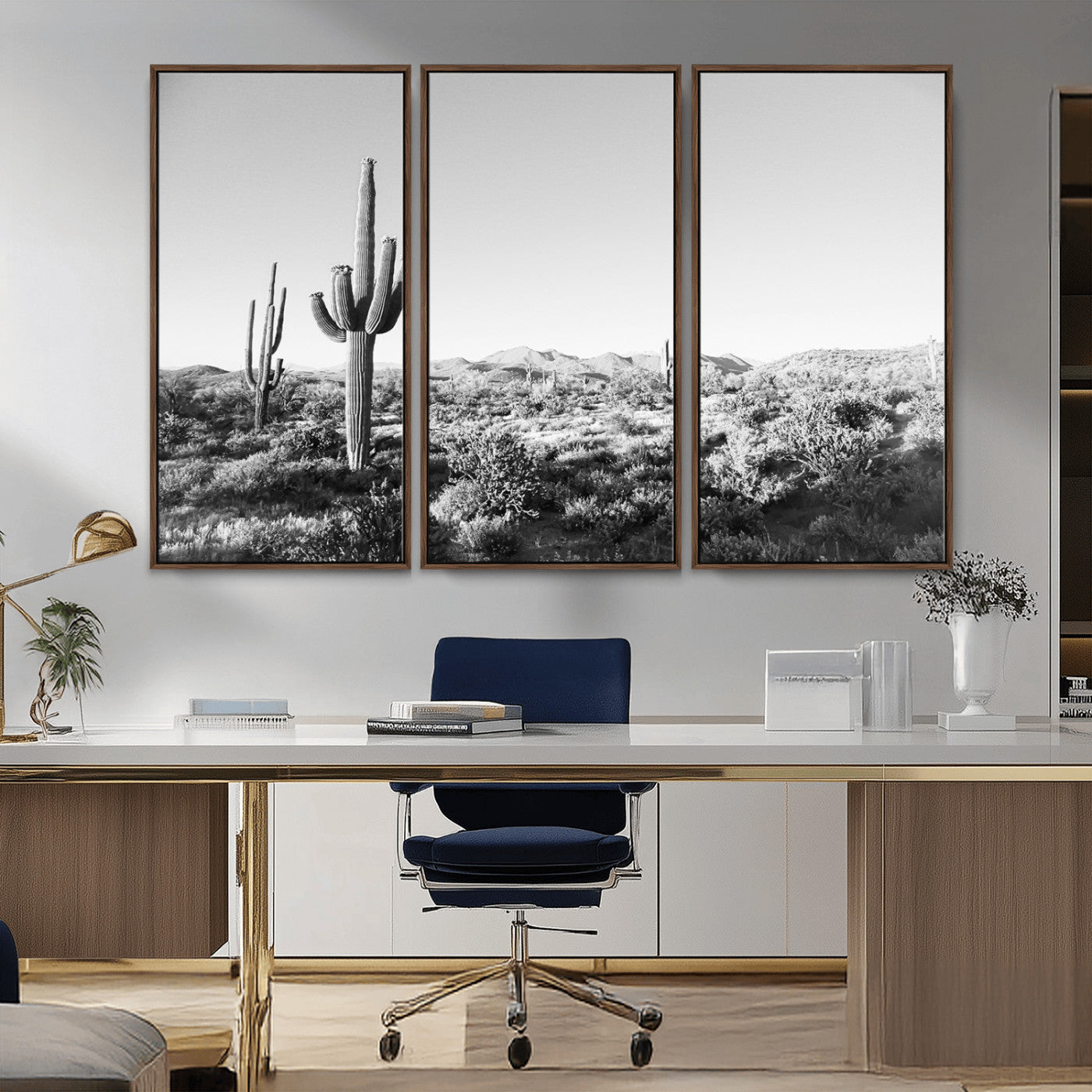 85205054-MGV-FC-48X32-3P_Walnut-Saguaro Cactus Wall Art Canvas Print, Framed Monochrome Landscape Art Picture Print, Scenic Arizona View Perfect Minimalist