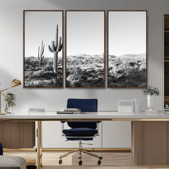 85205054-MGV-FC-48X32-3P_Walnut-Saguaro Cactus Wall Art Canvas Print, Framed Monochrome Landscape Art Picture Print, Scenic Arizona View Perfect Minimalist