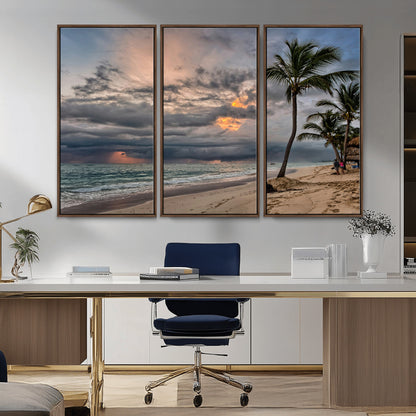 62574547-MGV-FC-48X32-3P_Walnut-Tropical Storm Wall Art Canvas Print, Framed Moody Beach Art Picture Print, Dramatic Sky Perfect Tropical Coastal Decor Artwork