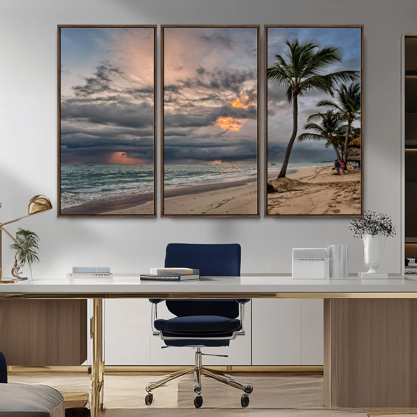 62574547-MGV-FC-48X32-3P_Walnut-Tropical Storm Wall Art Canvas Print, Framed Moody Beach Art Picture Print, Dramatic Sky Perfect Tropical Coastal Decor Artwork