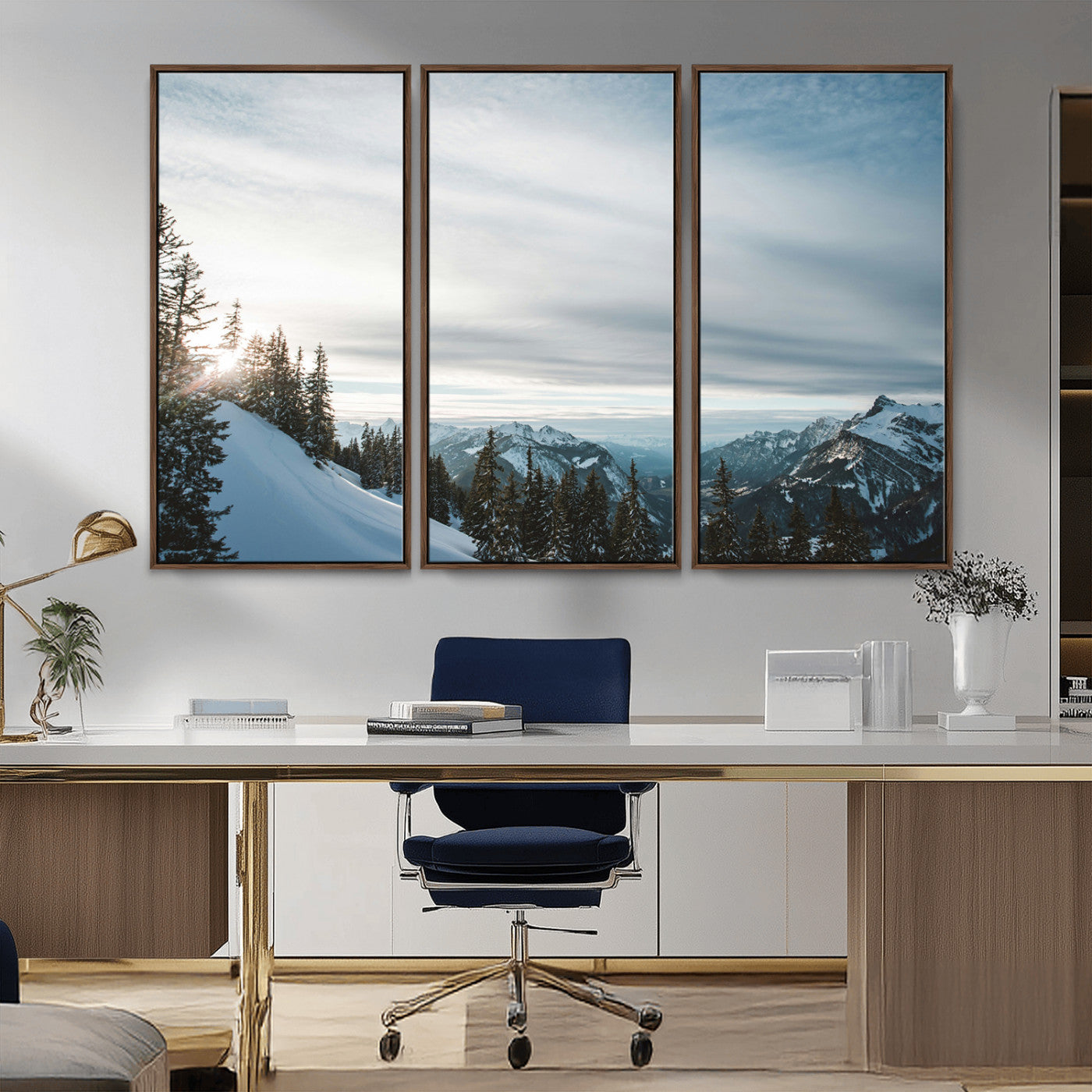 55564749-MGV-FC-48X32-3P_Walnut-Snowy Mountains Wall Art Canvas Print, Framed Alpine Landscape Art Picture Print, Frosty Peaks Perfect Nordic Minimalist Decor