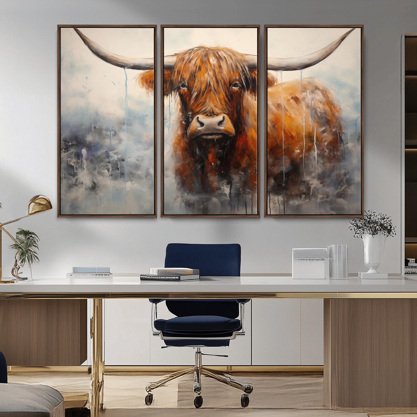 X61001-MGV-CV-36X24-Scottish Highland Wall Art Canvas Print, Framed Longhorn Art Picture Print, Western Cow Perfect Farmhouse Decor Artwork