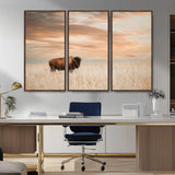 20306324-MGV-CV-36X24-Bison Wall Art – Lone American Buffalo Prairie Sunset Canvas Print, Rustic Western Wildlife Photography Decor for Living Room,