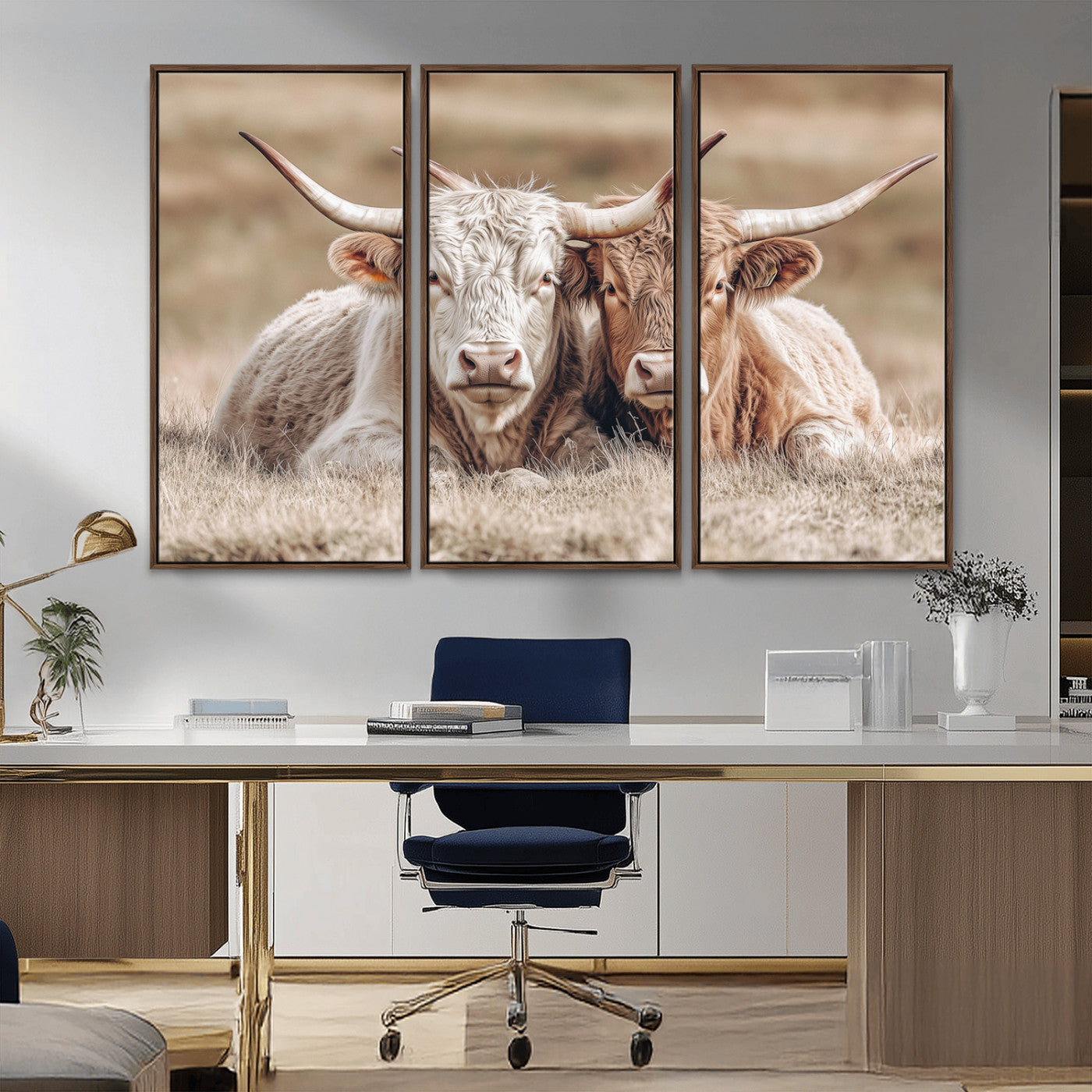 38651722-MGV-CV-36X24-Cow Wall Art – Rustic Longhorn Pair Canvas Print, Western Farmhouse Animal Painting, Country Ranch Decor for Living Room, Bedroom,