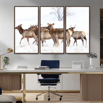 41416314-MGV-CV-36X24-Elk Wall Art – Wildlife Herd Canvas Print in Snowy Landscape, Rustic Nature Painting, Western Cabin Lodge Decor for Living Room,