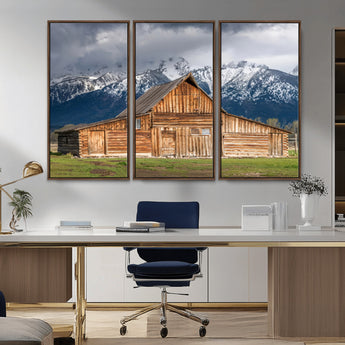 15173627-MGV-CV-36X24-Barn Wall Art – Rustic Wooden Cabin Canvas Print with Snowy Mountain Landscape, Western Farmhouse Country Decor for Living Room,