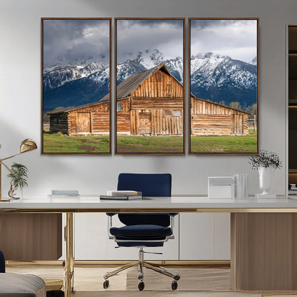 15173627-MGV-CV-36X24-Barn Wall Art – Rustic Wooden Cabin Canvas Print with Snowy Mountain Landscape, Western Farmhouse Country Decor for Living Room,