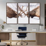 99240306-MGV-CV-36X24-Elk Wall Art – Two Bull Elk Fighting in Snow Canvas Print, Rustic Wildlife Artwork for Cabin, Lodge, Western Farmhouse, Nature &