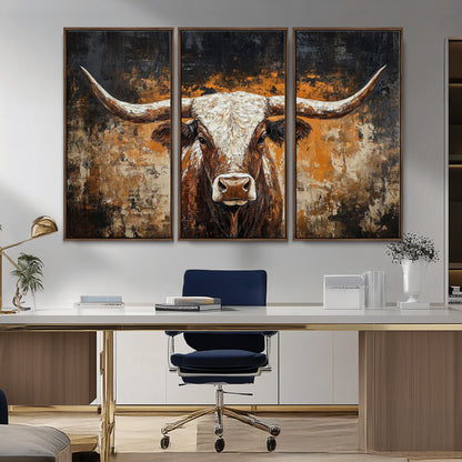 25265572-MGV-CV-36X24-Longhorn Bull Wall Art – Rustic Western Texas Steer Canvas Print, Textured Animal Painting for Home, Office, Man Cave or Farmhouse