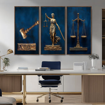91629053-MGV-CV-36X24-Lady Justice Wall Art – Golden Gavel and Scales Canvas Print, Elegant Legal Office Decor for Lawyers, Judges, Courtroom or Study