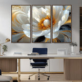 39604126-MGV-CV-36X24-Abstract Flower Wall Art – Elegant White and Gold Bloom Canvas Print, Modern Floral Artwork for Bedroom, Living Room, or Office