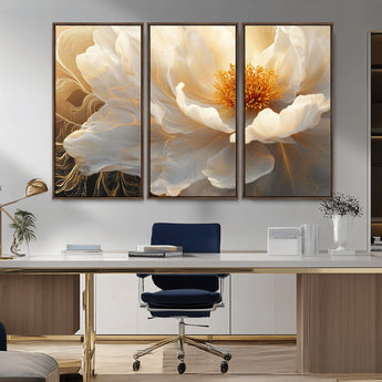 29539087-MGV-CV-36X24-Floral Wall Art – Elegant White and Gold Bloom Canvas Print, Romantic Modern Flower Artwork for Bedroom, Living Room, or Office