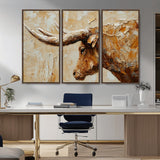 69611428-MGV-CV-36X24-Longhorn Bull Wall Art – Rustic Western Canvas Print, Textured Farmhouse Cattle Painting for Living Room, Office, or Ranch House
