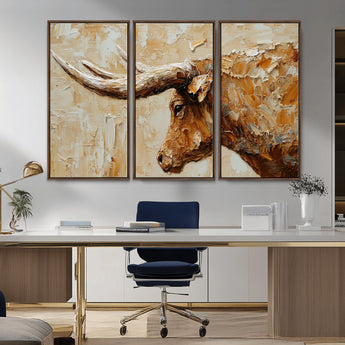 69611428-MGV-CV-36X24-Longhorn Bull Wall Art – Rustic Western Canvas Print, Textured Farmhouse Cattle Painting for Living Room, Office, or Ranch House