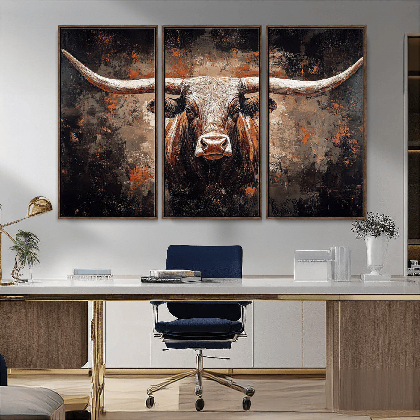 24779067-MGV-CV-36X24-Longhorn Bull Wall Art – Western Rustic Canvas Print, Bold Cowboy Cattle Painting for Ranch House, Farmhouse, Office, or Living