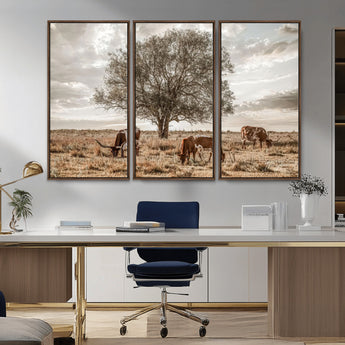 87590224-MGV-CV-36X24-Longhorn Cattle Wall Art – Rustic Western Landscape Canvas Print, Texas Farmhouse Prairie Scene for Living Room, Office, or Ranch