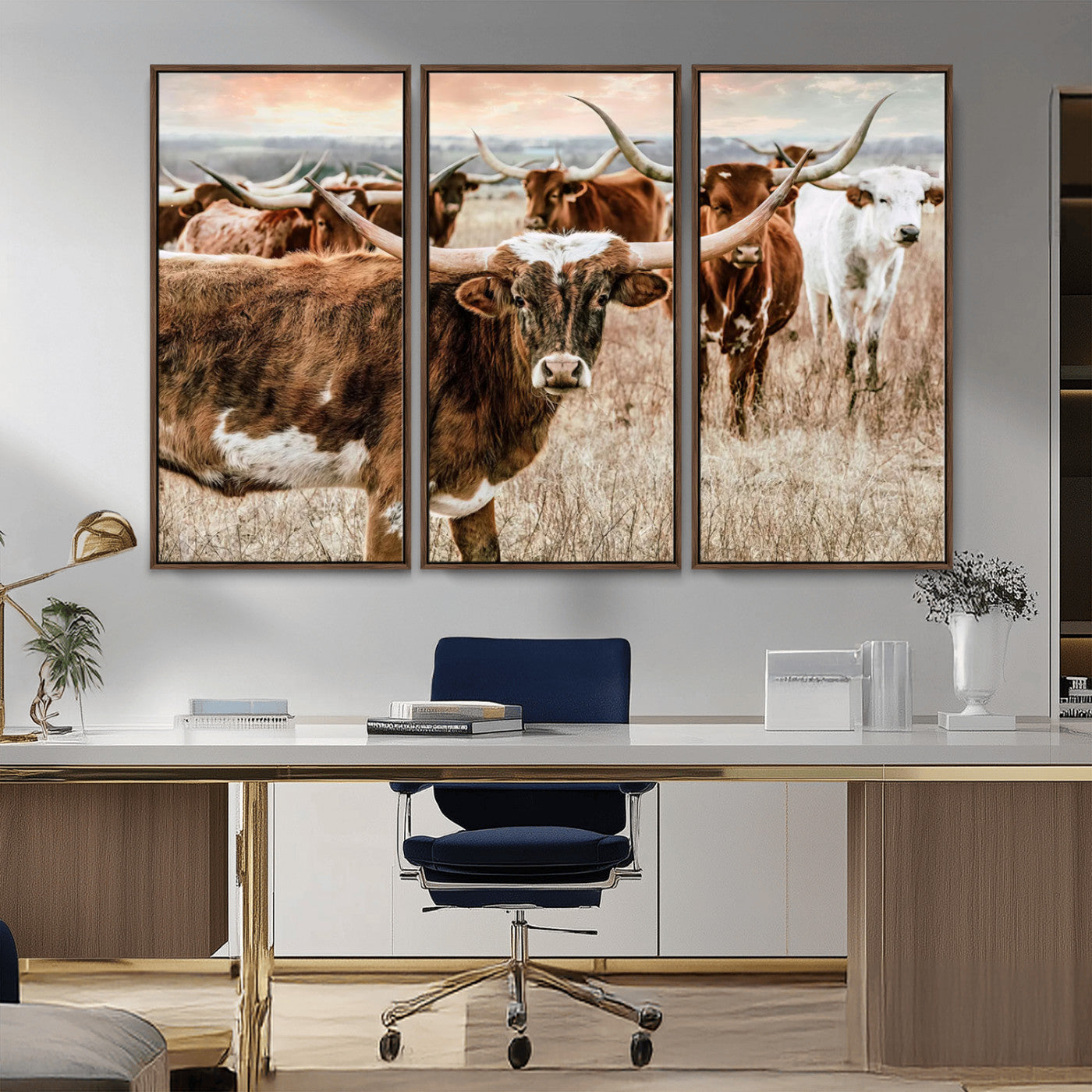 47758300-MGV-CV-36X24-Texas Longhorn Cattle Wall Art – Rustic Western Herd Canvas Print, Cowboy Ranch Farmhouse Decor for Living Room, Office, or