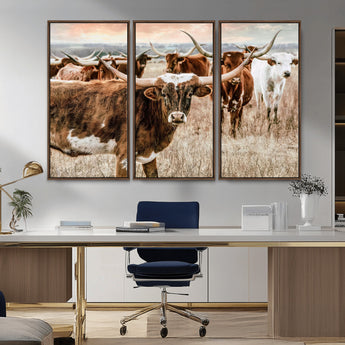 47758300-MGV-CV-36X24-Texas Longhorn Cattle Wall Art – Rustic Western Herd Canvas Print, Cowboy Ranch Farmhouse Decor for Living Room, Office, or