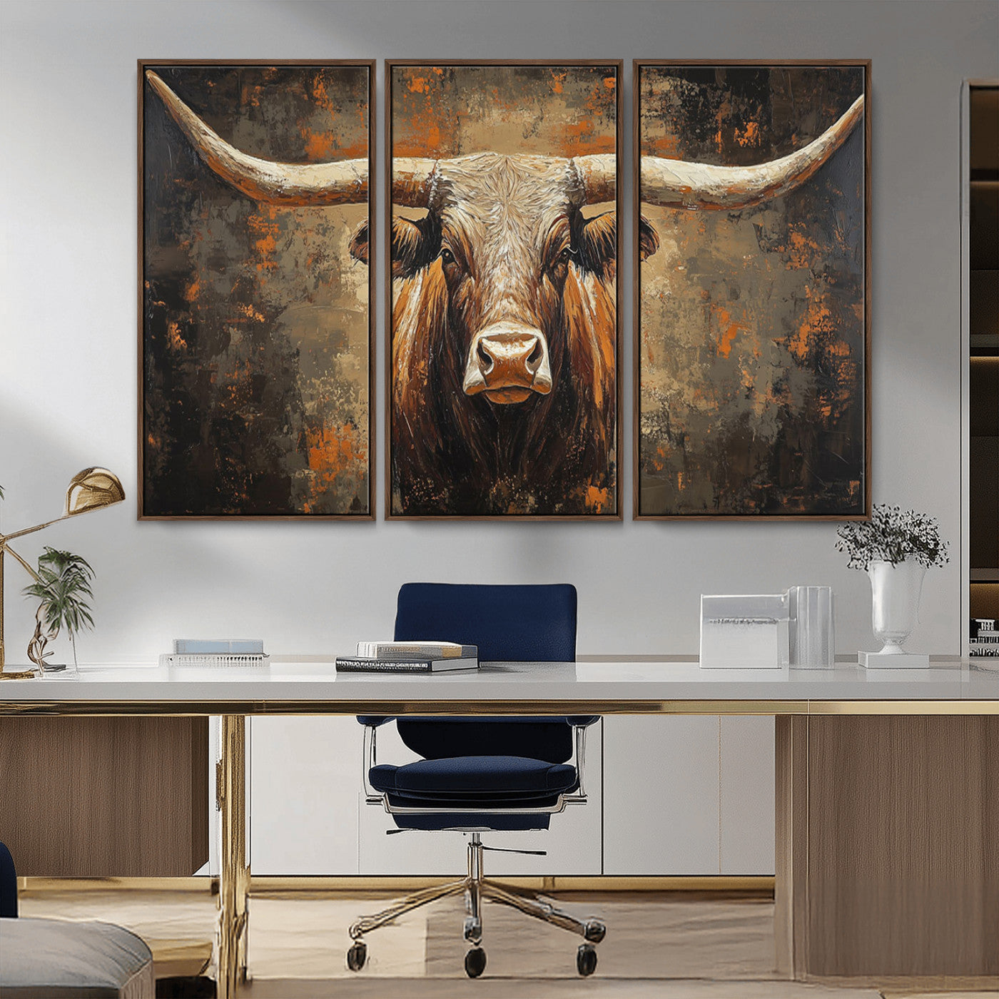 19204445-MGV-CV-36X24-Texas Longhorn Bull Wall Art – Rustic Western Canvas Print, Bold Cowboy Cattle Painting for Ranch House, Farmhouse, Office, or