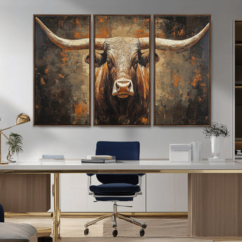 19204445-MGV-CV-36X24-Texas Longhorn Bull Wall Art – Rustic Western Canvas Print, Bold Cowboy Cattle Painting for Ranch House, Farmhouse, Office, or