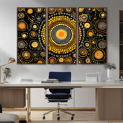 45478523-MGV-CV-36X24-Abstract Circle Wall Art – Bold Black and Gold Dot Painting Canvas Print, Modern Geometric Mandala Style Decor for Living Room or