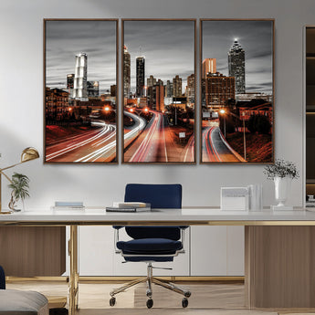 59097239-MGV-CV-36X24-City Skyline Wall Art – Modern Black and White Night Canvas Print with Red Light Trails, Urban Landscape Decor for Living Room or