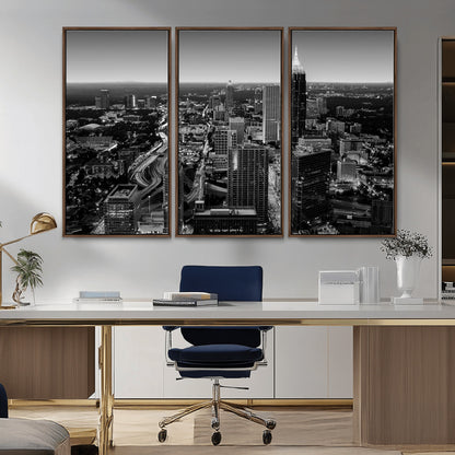 46578567-MGV-FC-48X32-3P_Walnut-Atlanta Skyline Wall Art – Black and White Cityscape Canvas Print, Modern Urban Night Decor for Office, Living Room, or Apartment