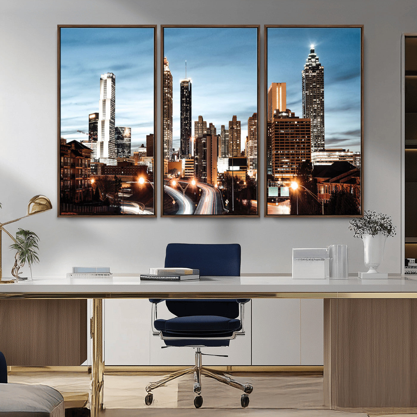 23859158-MGV-CV-36X24-Atlanta Skyline Wall Art – Modern Cityscape Canvas Print with Night Lights and Traffic Trails, Urban Decor for Office, Apartment,
