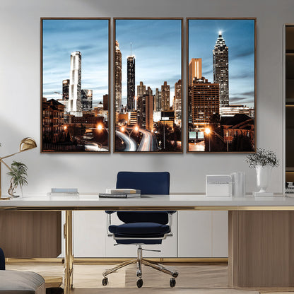 23859158-MGV-CV-36X24-Atlanta Skyline Wall Art – Modern Cityscape Canvas Print with Night Lights and Traffic Trails, Urban Decor for Office, Apartment,