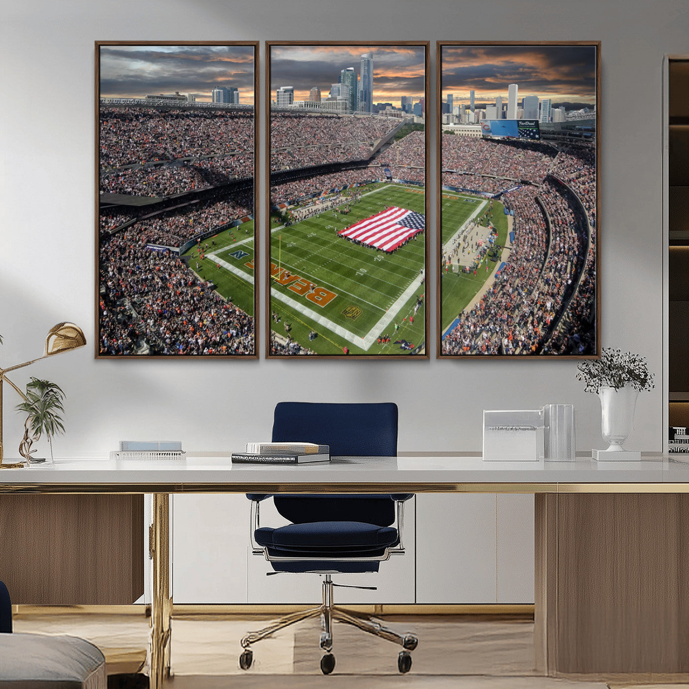 98106777-MGV-CV-36X24-Soldier Field Wall Art – Chicago Bears Stadium Canvas Print with American Flag, Game Day Football Decor for Man Cave, Bar, or