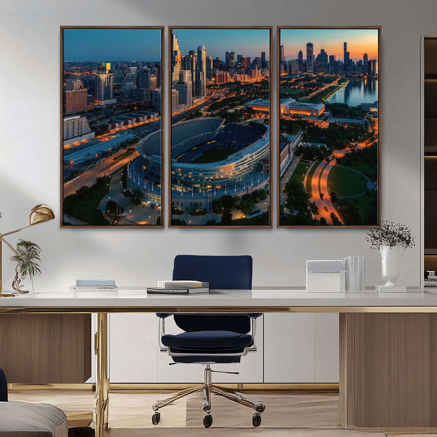 36690345-MGV-FC-48X32-3P_Walnut-Soldier Field Wall Art – Chicago Bears Stadium Aerial Night Canvas Print, City Skyline Football Decor for Living Room, Office, or