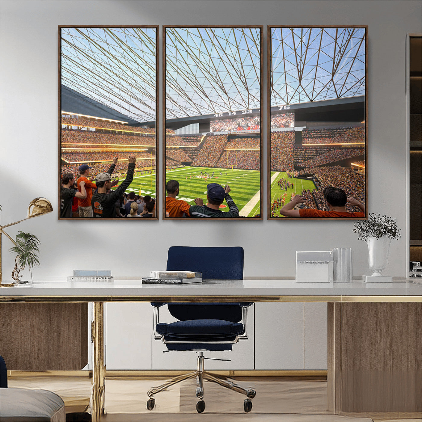 81960112-MGV-FC-48X32-3P_Walnut-Futuristic Football Stadium Wall Art – Modern Dome Arena Canvas Print, Chicago Bears Concept Design Sports Decor for Man Cave or