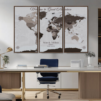 43749658-MGV-CV-36X24-Welcome to Great Adventure World Map Wall Art – Charcoal Gray Canvas Print, Rustic Travel Decor for Living Room, Study, Office or