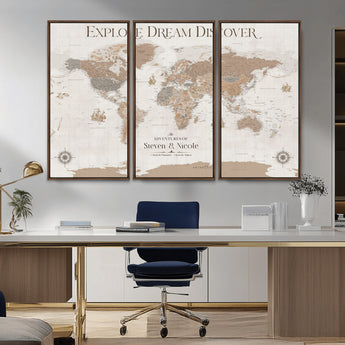 63516865-MGV-CV-36X24-Explore Dream Discover World Map Wall Art – Inspirational Travel Adventure Canvas Print, Neutral Parchment Style Explorer Decor