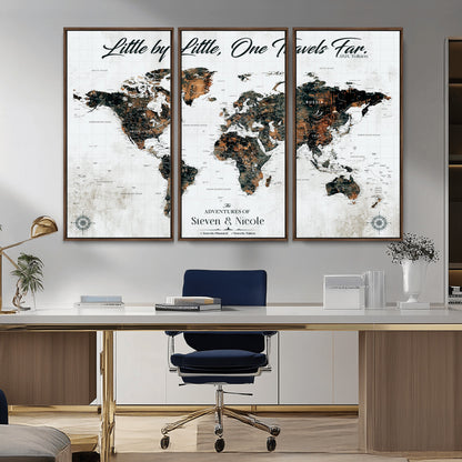 88337180-MGV-CV-36X24-Little by Little One Travels Far Tolkien Quote World Map Rustic Black Brown Adventure Wall Art Canvas Print for Home Office Living