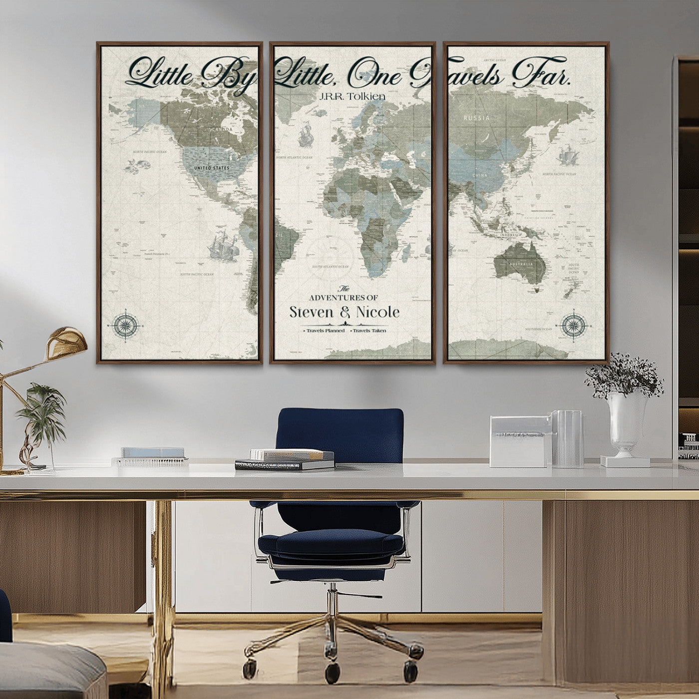10693204-MGV-CV-36X24-Little By Little One Travels Far Tolkien Quote Blue Green World Map Adventure Wall Art Canvas Print Rustic Wanderlust Travel Decor