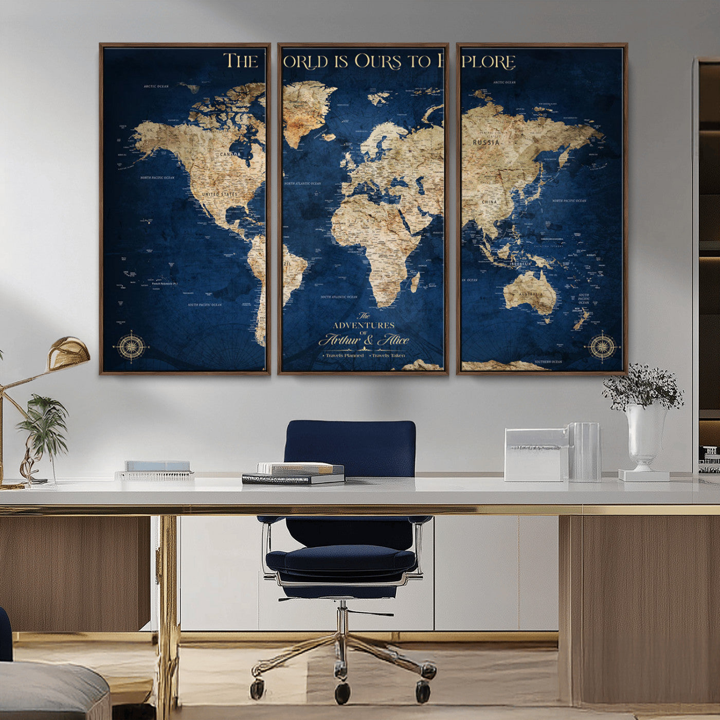 54782997-MGV-CV-36X24-The World is Ours to Explore Wall Art – Blue World Map Canvas Print, Adventure Travel Decor for Home, Office or Living Room,