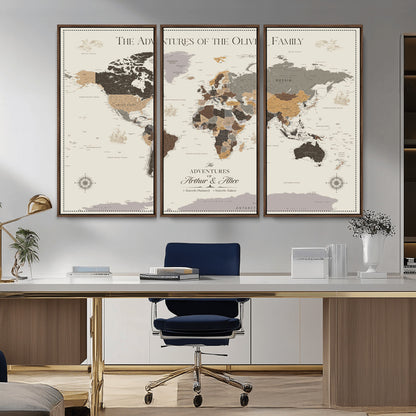 38723540-MGV-CV-36X24-Adventures of the Oliver Family Wall Art – Earth Tone World Map Canvas Print, Minimalist Travel Decor for Living Room, Bedroom or