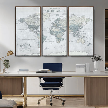 94249974-MGV-CV-36X24-Ours Explore World Map Wall Art – Modern Travel Canvas Print, Neutral Adventure Decor for Living Room, Office, Study, Bedroom,