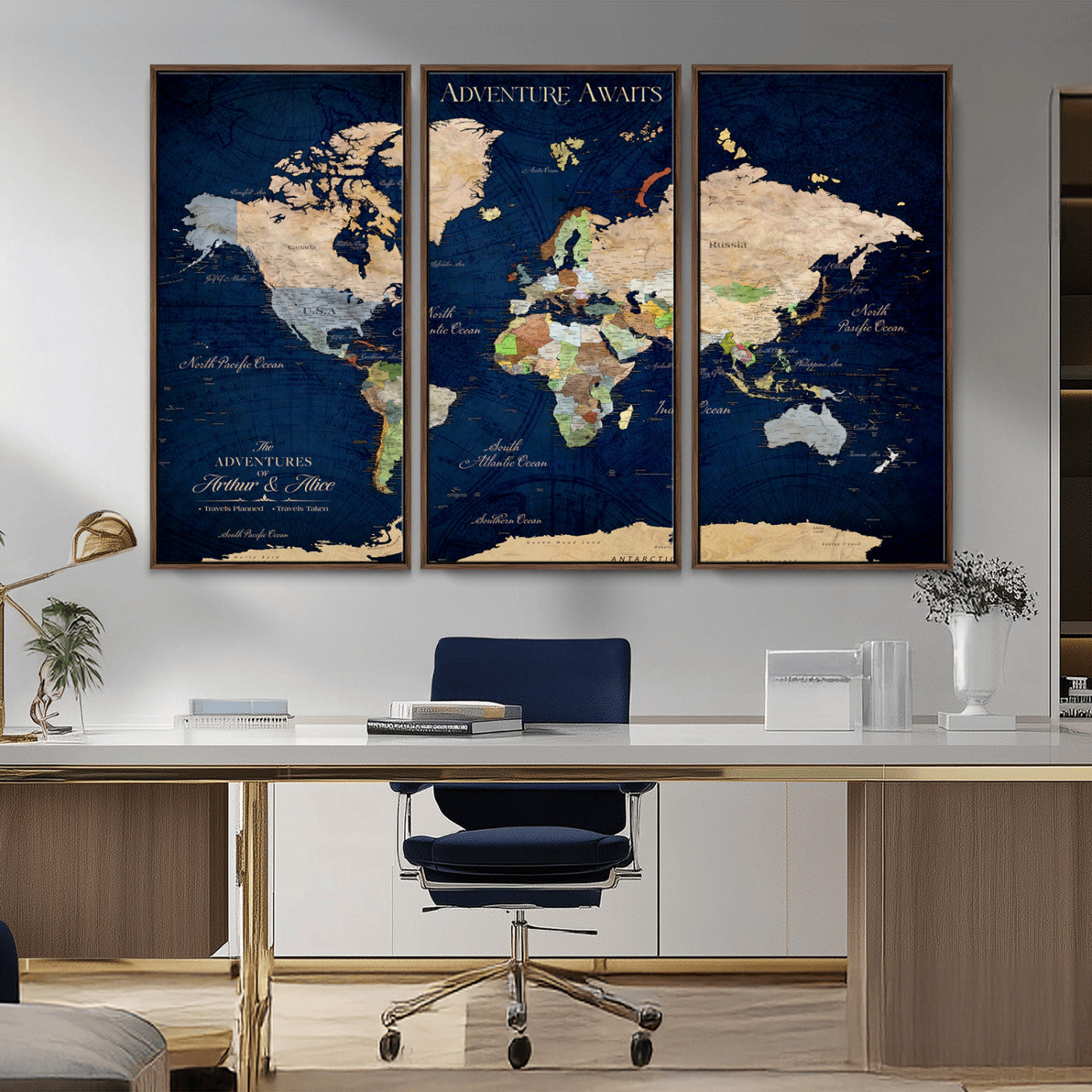 43160428-MGV-CV-36X24-Adventure Awaits Navy Blue World Map – Vibrant Travel Canvas Wall Art, Antique Atlas Print, Wanderlust Decor for Home Office