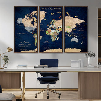 43160428-MGV-CV-36X24-Adventure Awaits Navy Blue World Map – Vibrant Travel Canvas Wall Art, Antique Atlas Print, Wanderlust Decor for Home Office