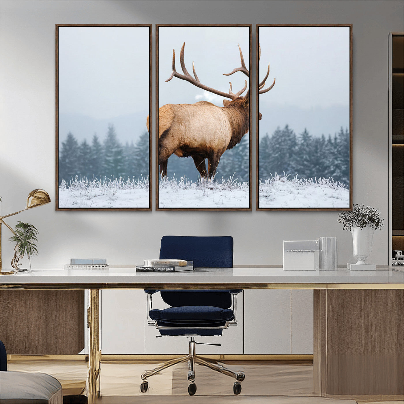 85177251-MGV-CV-36X24-Elk Wall Art – Majestic Wildlife Canvas Print of Bull Elk Snowy Forest, Rustic Nature Decor for Living Room, Cabin, or Office