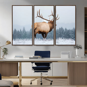 85177251-MGV-CV-36X24-Elk Wall Art – Majestic Wildlife Canvas Print of Bull Elk Snowy Forest, Rustic Nature Decor for Living Room, Cabin, or Office
