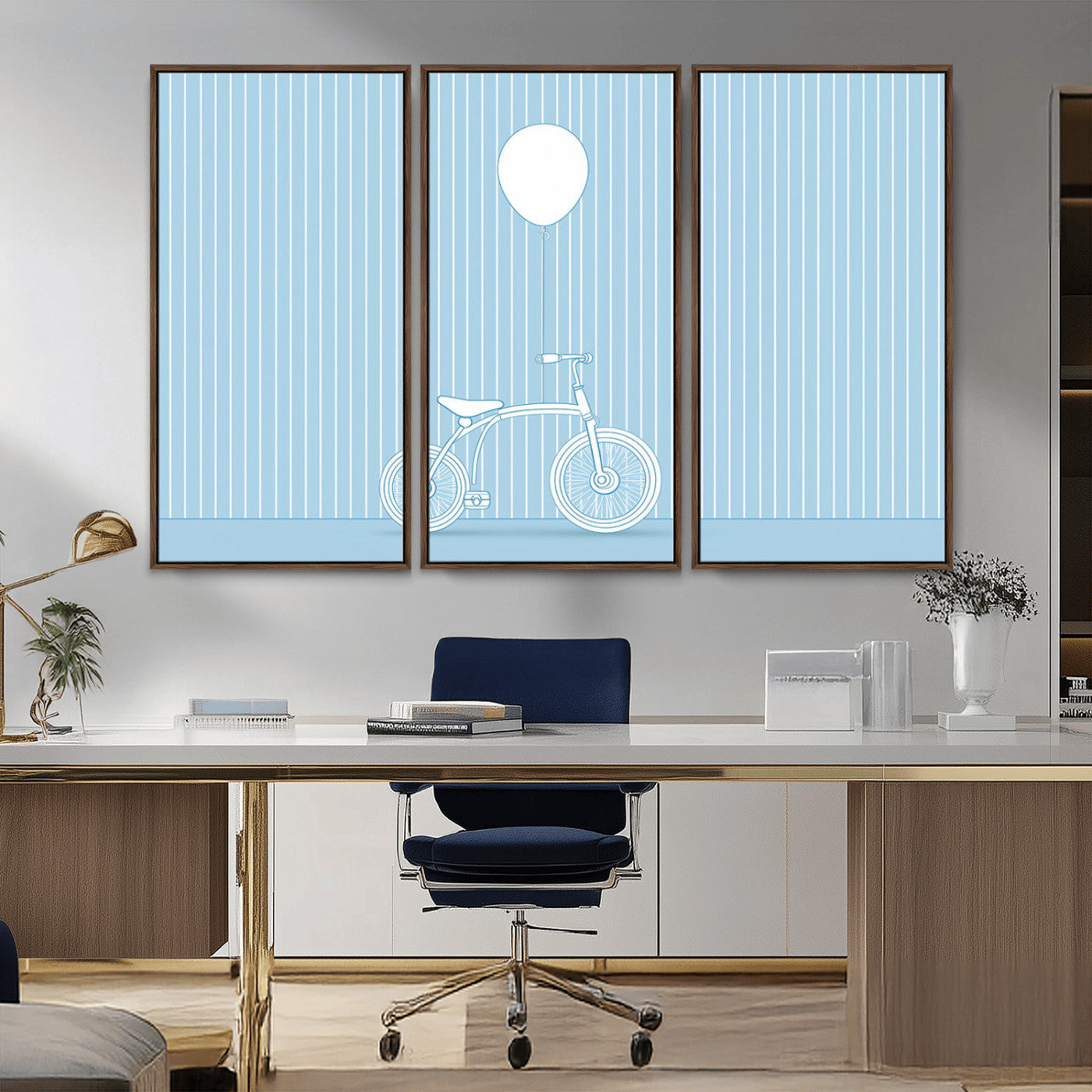 56479838-MGV-CV-36X24-Bicycle Wall Art – Minimalist Blue Canvas Print with Balloon Illustration, Modern Decor Artwork for Kids Room, Nursery, or Living