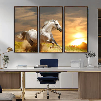 44295212-MGV-CV-36X24-Horse Wall Art – Running White Stallion Canvas Print with Sunset Background, Western Wildlife Decor for Living Room, Office, or