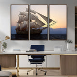 31270610-MGV-CV-36X24-Sailing Ship Wall Art – Sunset Seascape Canvas Print with Tall Ship at Sea, Nautical Ocean Decor for Living Room, Office, or