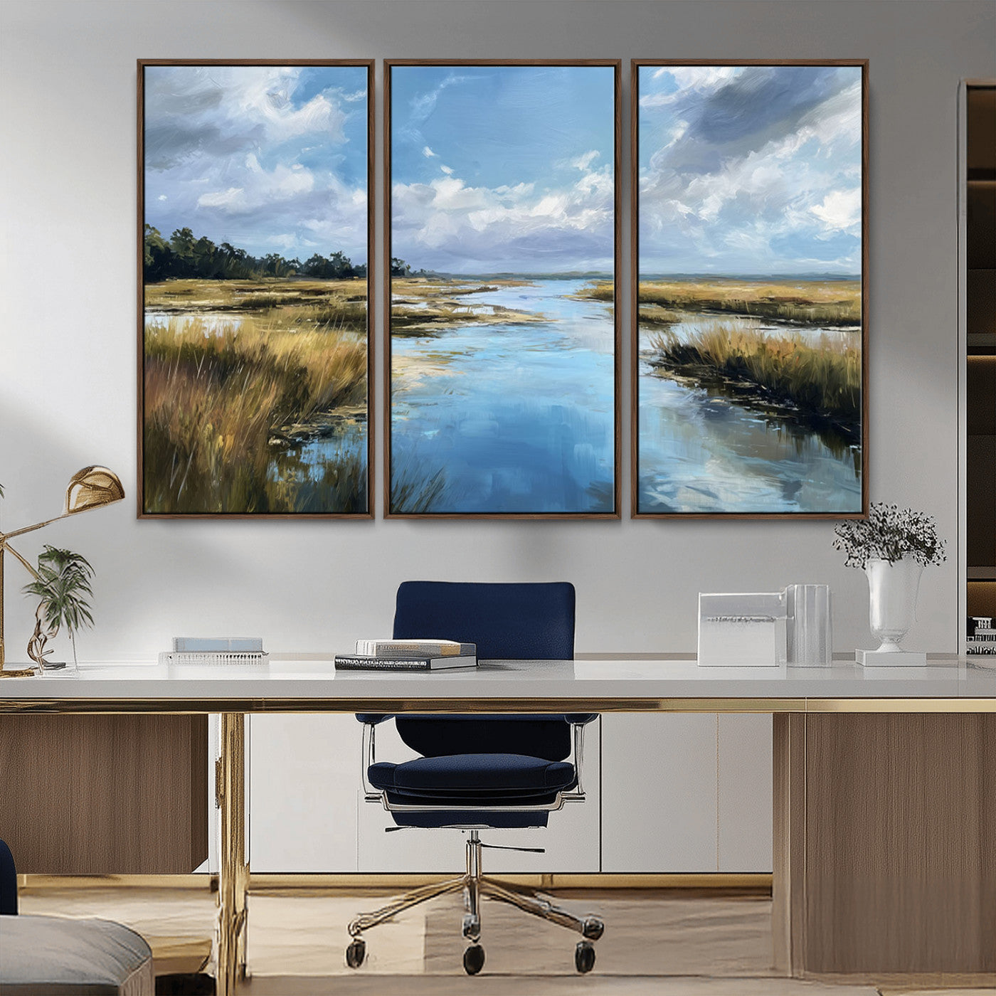 87082041-MGV-CV-36X24-Painted Marshland Canvas Wall Art – Serene Water Reflection, Blue Sky, Golden Grass Landscape, Calm Nature Decor for Home, Office,