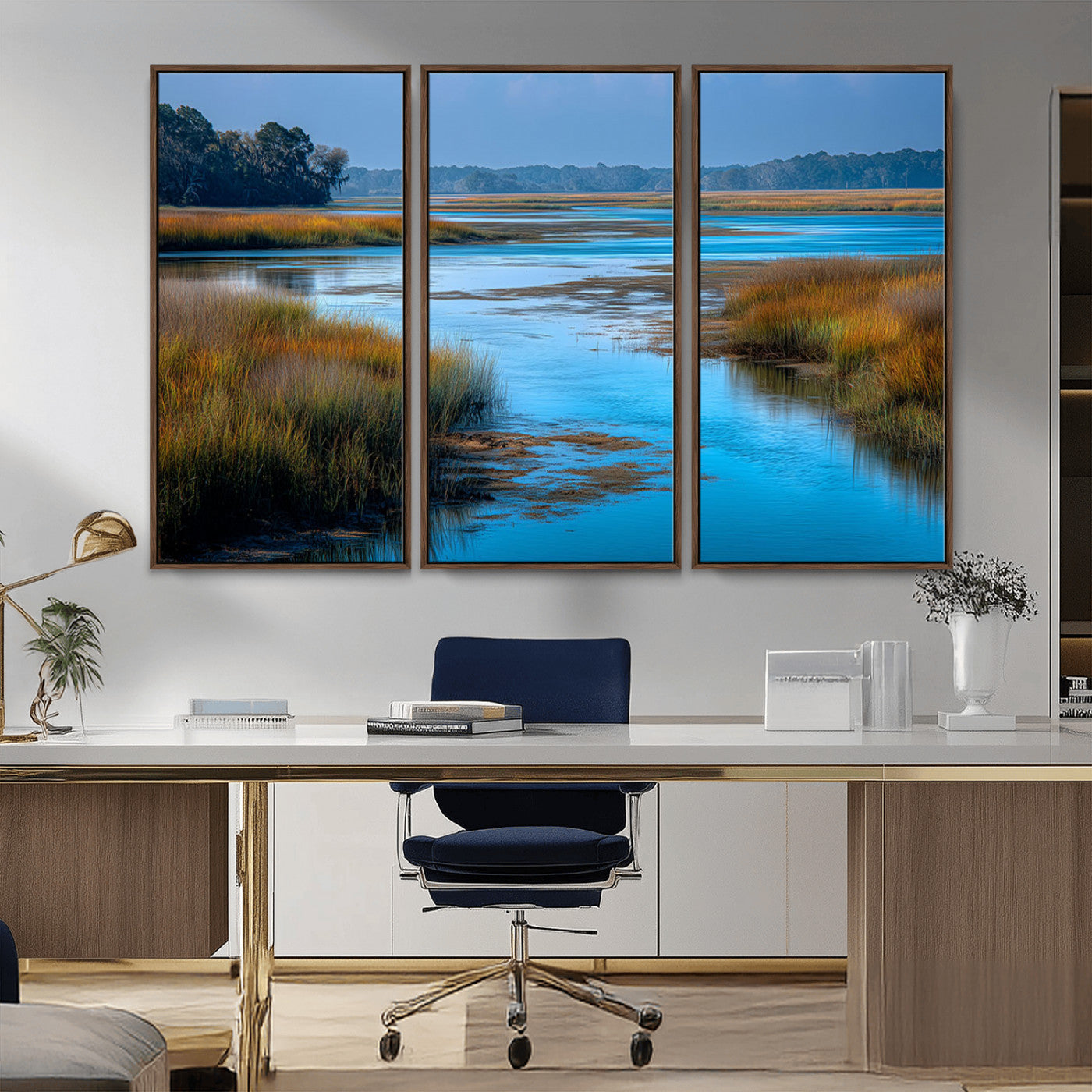26300004-MGV-CV-36X24-Tranquil Marshland Canvas Wall Art – Blue Water, Reflective Sky, Golden Grasses, Calm Nature Landscape, Scenic Outdoor Beauty for