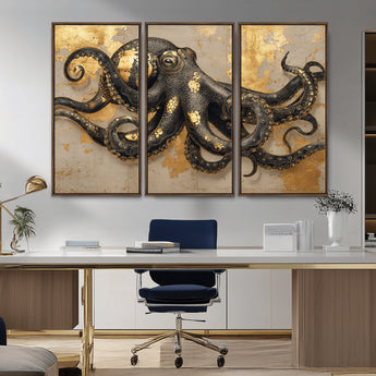 57944271-MGV-CV-36X24-Octopus Wall Art – Black and Gold Nautical Canvas Print, Modern Ocean Inspired Artwork with Elegant Detailing, Coastal Marine