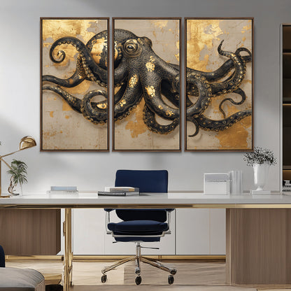 57944271-MGV-CV-36X24-Octopus Wall Art – Black and Gold Nautical Canvas Print, Modern Ocean Inspired Artwork with Elegant Detailing, Coastal Marine